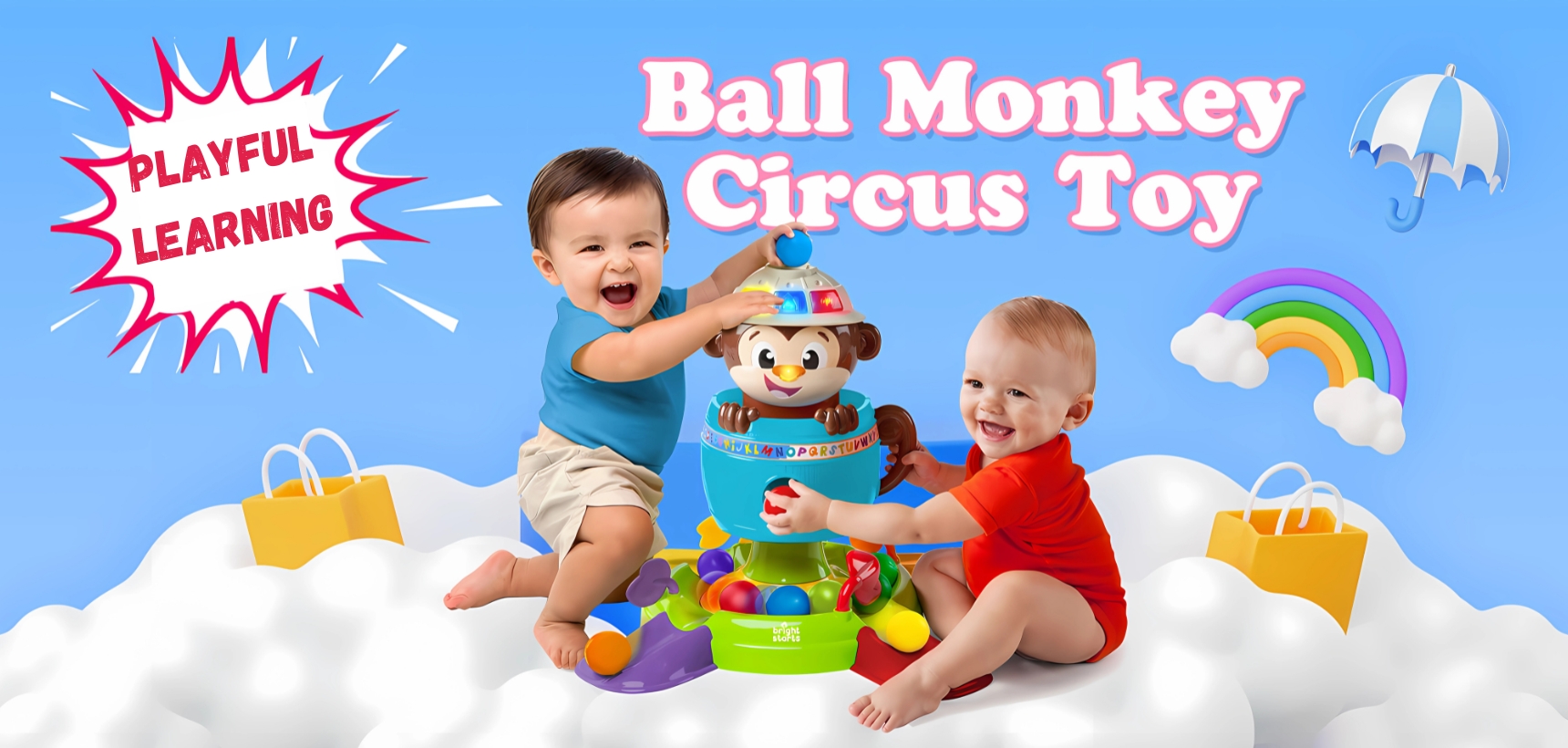 Two happy toddlers playing with a Ball Monkey Circus Toy on a cloud background, promoting playful learning.
