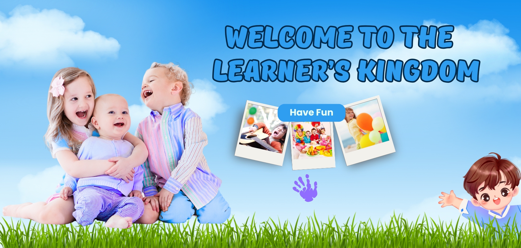 Happy children sitting on grass under a blue sky with text 'Welcome to the Learner’s Kingdom', promoting joyful learning.